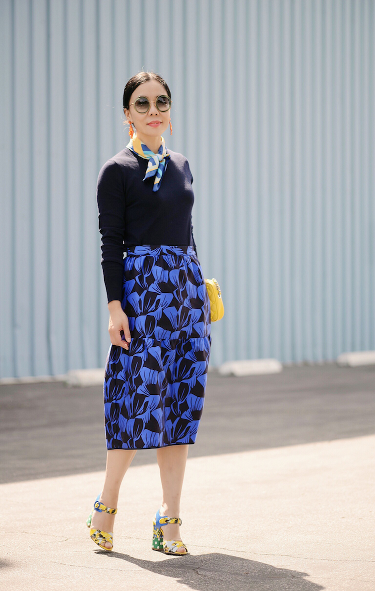 Color Blocking, Scarf Trend, Classic Style, J.Crew Sweater, Mother of Pearl Skirt, Dolce & Gabbana Shoes, Miu Miu Sunglasses, Rebecca Minkoff Bag, via: HallieDaily