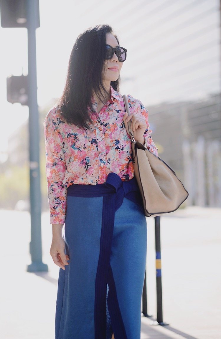 Colorful Street Style, J.Crew Floral Shirt, Cmeocollective Skirt, Christian Louboutin So Kate, Celine Bag, via: HallieDaily 