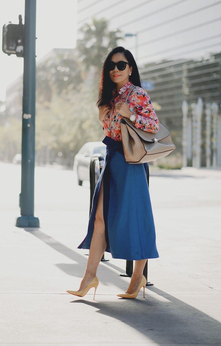 Colorful Street Style, J.Crew Floral Shirt, Cmeocollective Skirt, Christian Louboutin So Kate, Celine Bag, via: HallieDaily 