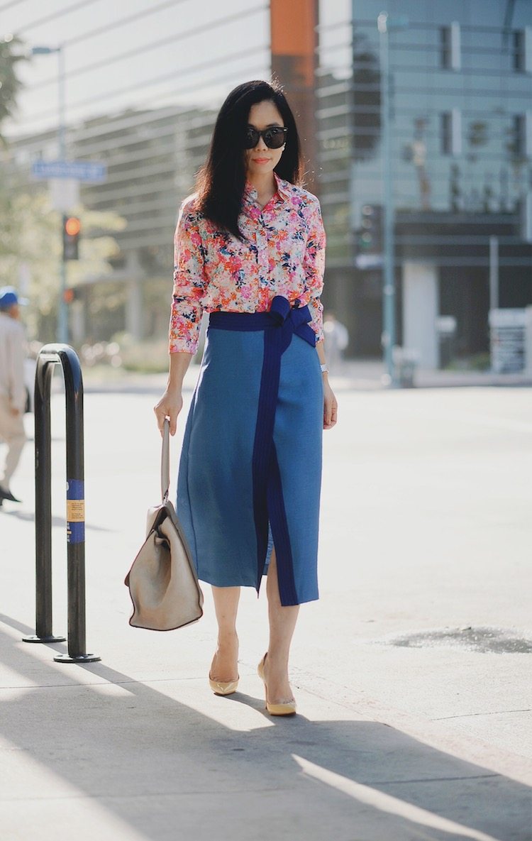 Colorful Street Style, J.Crew Floral Shirt, Cmeocollective Skirt, Christian Louboutin So Kate, Celine Bag, via: HallieDaily 