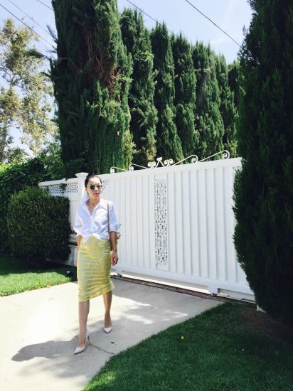 Summer City Chic, White Button Down Shirt, Floral Pencil Skirt, White Pumps, Ladylike, via: HallieDaily