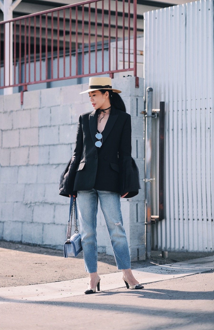 Roksanda Big Sleeve Blazer, High Waist Jeans, Chanel Two Tone Slingback, Straw Boater Hat, via: HallieDaily