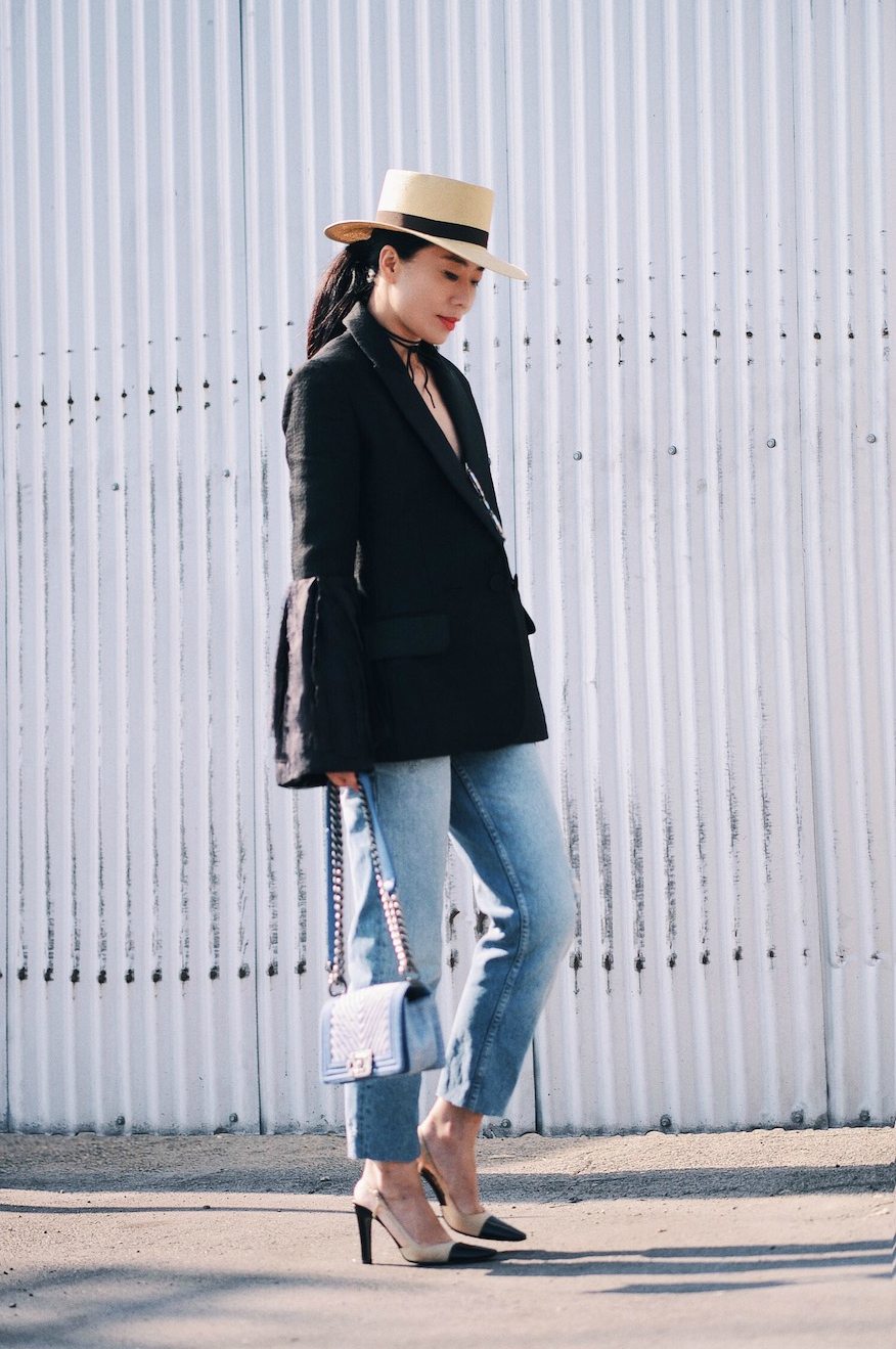 Roksanda Big Sleeve Blazer, High Waist Jeans, Chanel Two Tone Slingback, Straw Boater Hat, via: HallieDaily