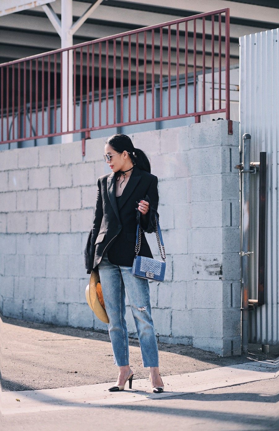 Roksanda Big Sleeve Blazer, High Waist Jeans, Chanel Two Tone Slingback, Straw Boater Hat, via: HallieDaily