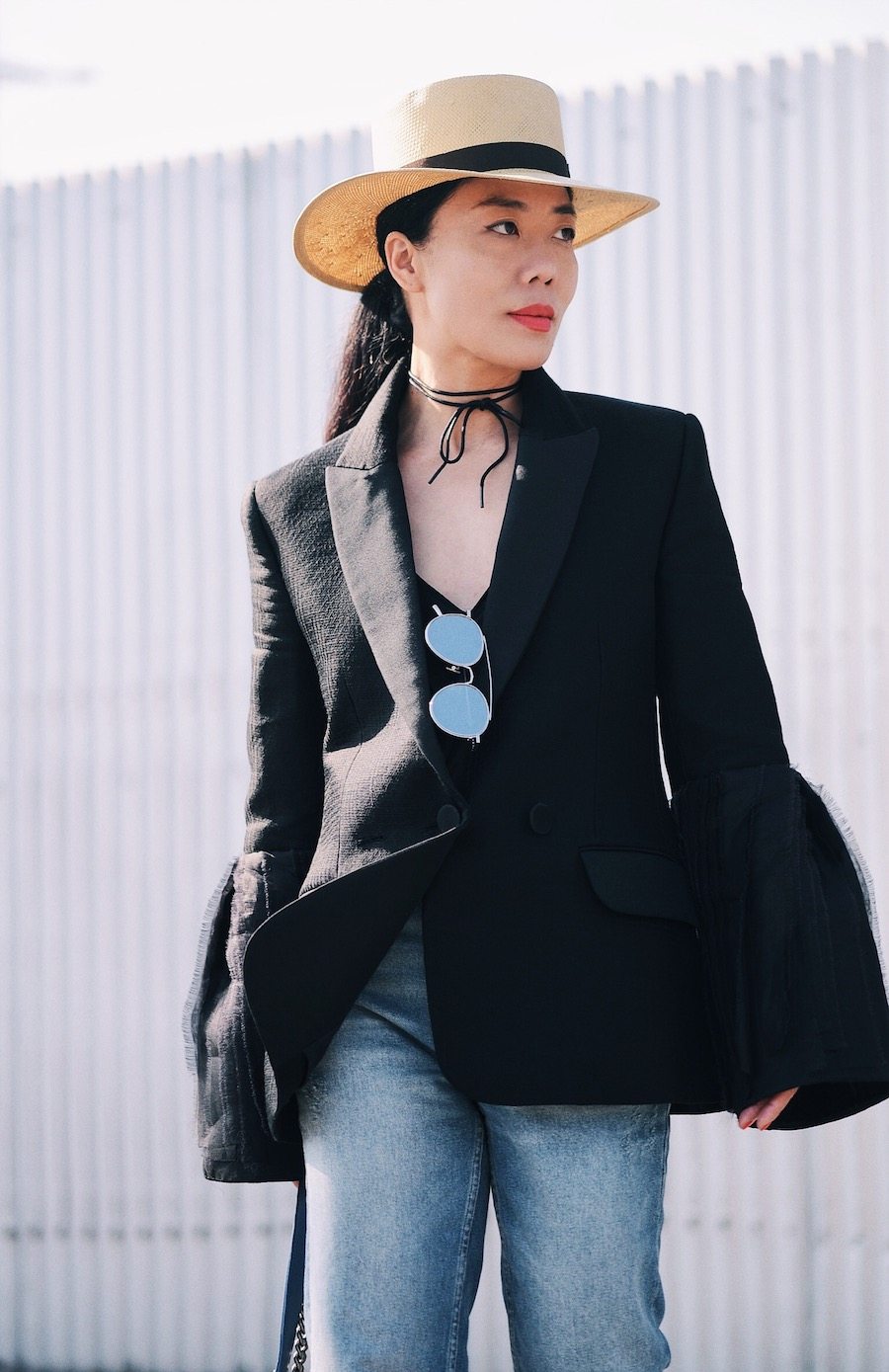 Roksanda Big Sleeve Blazer, High Waist Jeans, Chanel Two Tone Slingback, Straw Boater Hat, via: HallieDaily