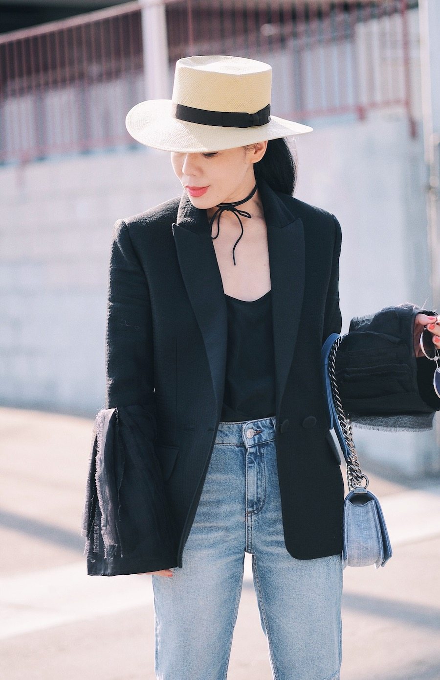 Roksanda Big Sleeve Blazer, High Waist Jeans, Chanel Two Tone Slingback, Straw Boater Hat, via: HallieDaily