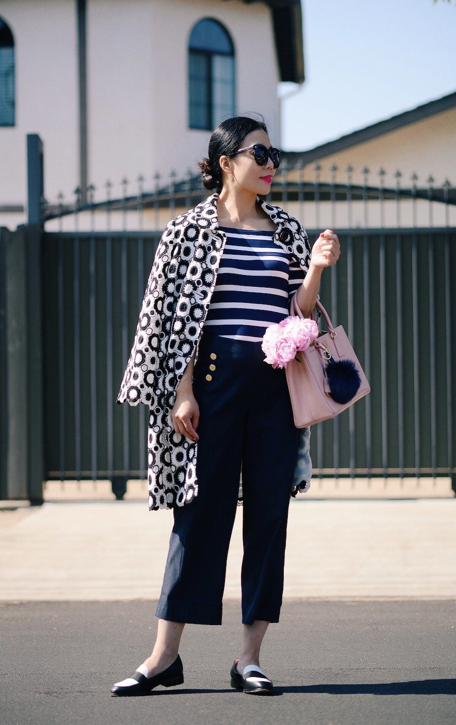 Kate Spade Lace Top, Striped Off-the-shoulder Top, Cropped Sailor Pants, Prada Bag, Weekend Style, via: HallieDaily