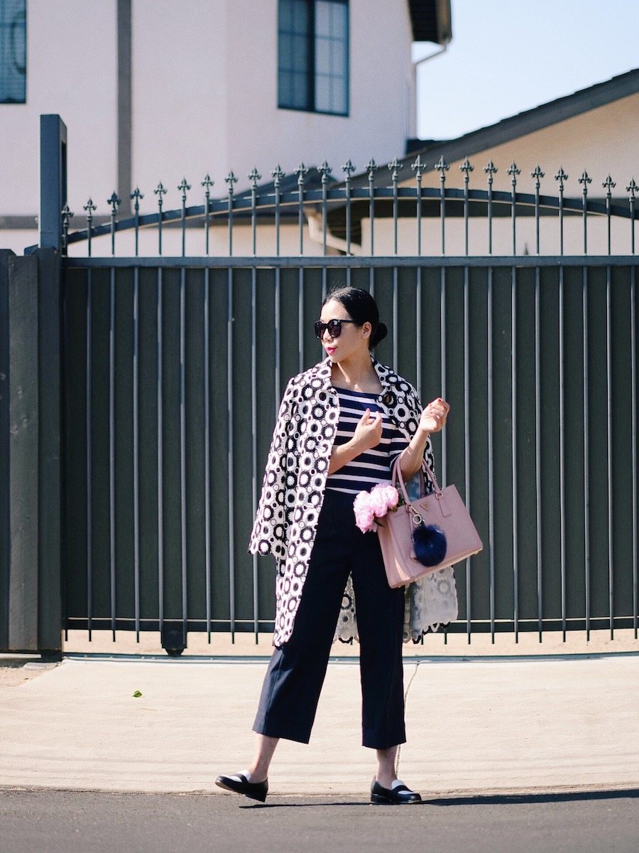 Kate Spade Lace Top, Striped Off-the-shoulder Top, Cropped Sailor Pants, Prada Bag, Weekend Style, via: HallieDaily