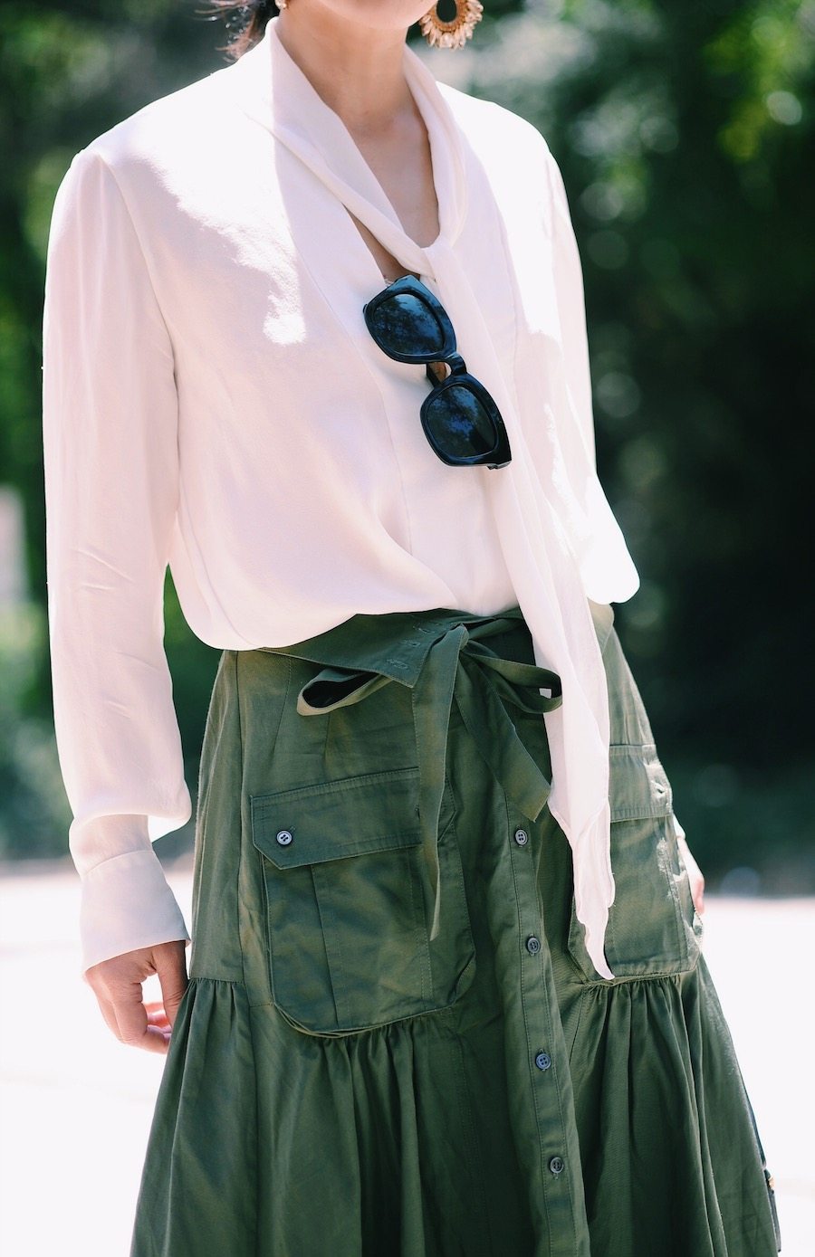 Easy Breathe: Silk Bow Tie Blouse, Marissa Webb Llsa Skirt, Platform Clogs, Mini Bucket Bag, via: HallieDaily