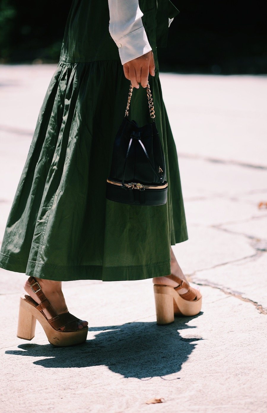 Easy Breathe: Silk Bow Tie Blouse, Marissa Webb Llsa Skirt, Platform Clogs, Mini Bucket Bag, via: HallieDaily