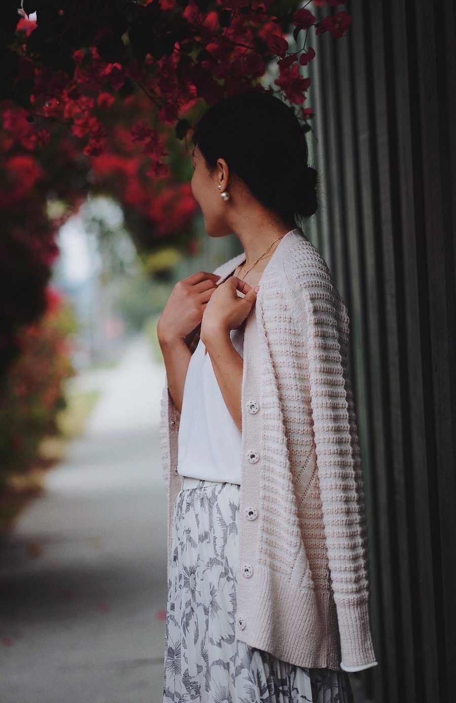 Banana Republic Pleated Maxi Skirt, Knotted Striped Sandals, Textured Long Cardigan, via: HallieDaily