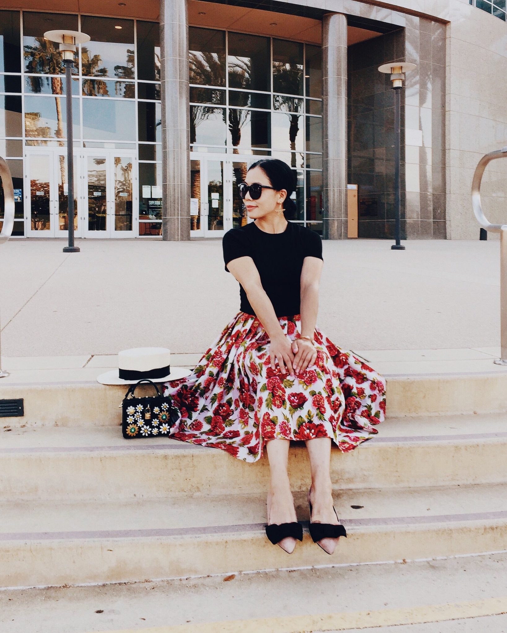 Summer Lady Like, EMILIA WICKSTEAD Polly floral-print A-line skirt, Prada Bow Flats, Dolce & Gabbana Jeweled Box Bag, CK Tee, Boater Hat, via: HallieDaily