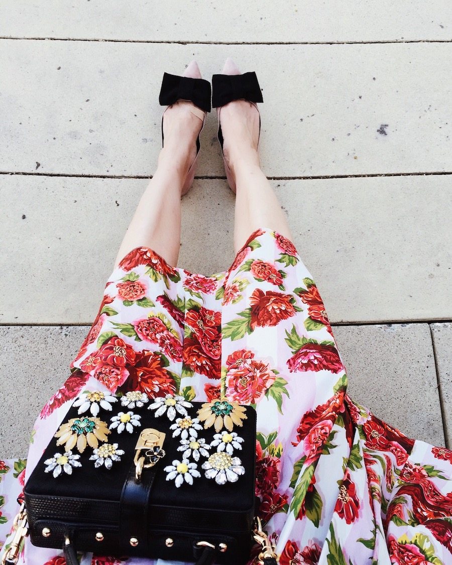 Summer Lady Like, EMILIA WICKSTEAD Polly floral-print A-line skirt, Prada Bow Flats, Dolce & Gabbana Jeweled Box Bag, CK Tee, Boater Hat, via: HallieDaily