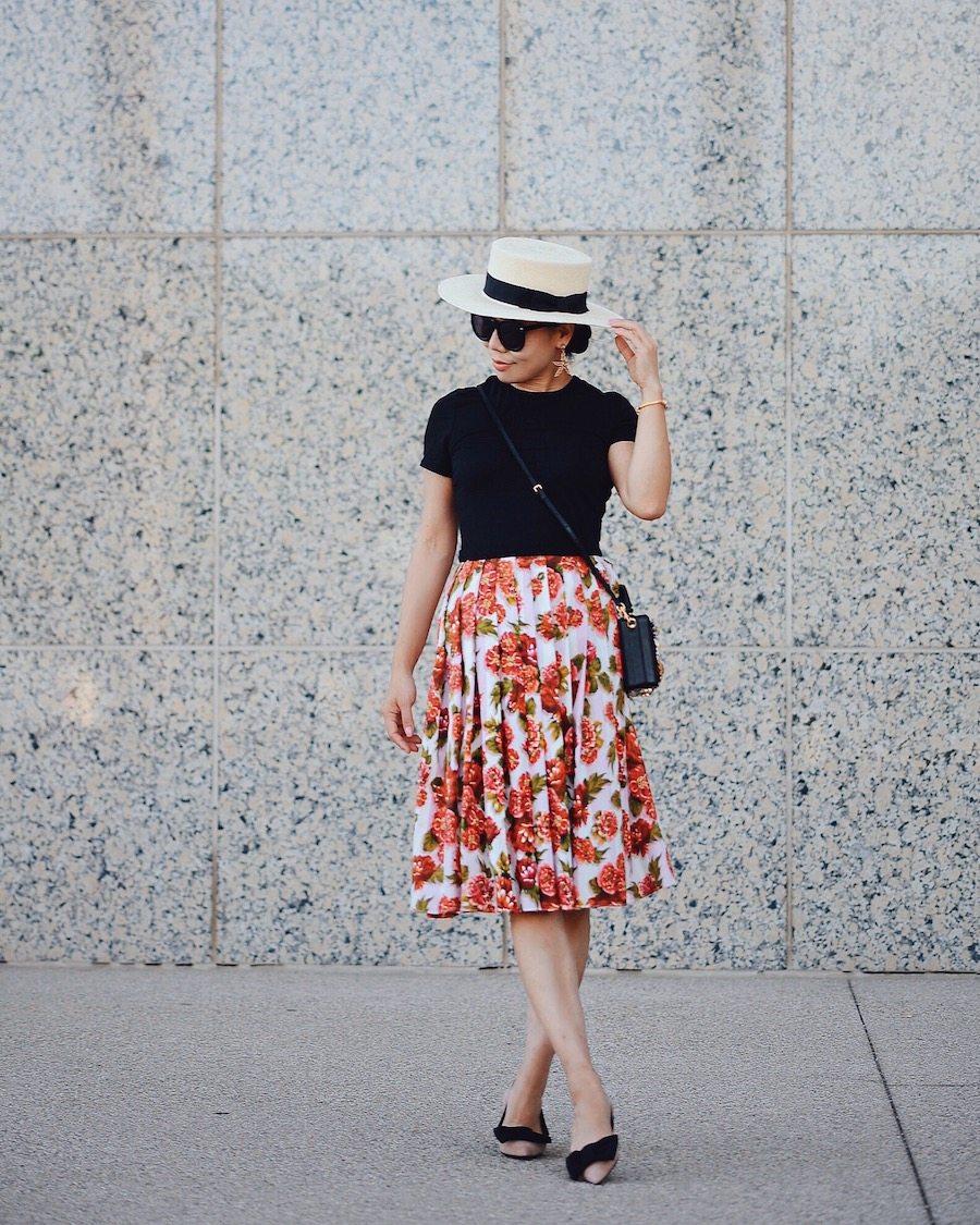 Summer Lady Like, EMILIA WICKSTEAD Polly floral-print A-line skirt, Prada Bow Flats, Dolce & Gabbana Jeweled Box Bag, CK Tee, Boater Hat, via: HallieDaily