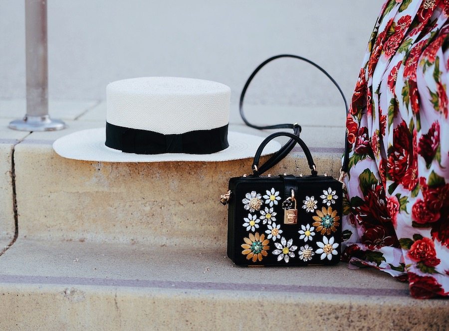 Summer Lady Like, EMILIA WICKSTEAD Polly floral-print A-line skirt, Prada Bow Flats, Dolce & Gabbana Jeweled Box Bag, CK Tee, Boater Hat, via: HallieDaily