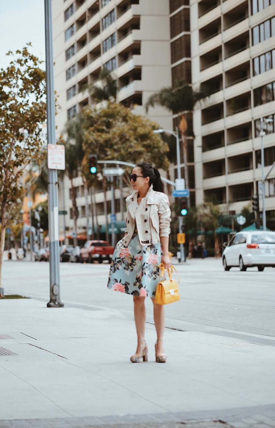 Floral Fit & Flare Dress Bag, Cropped Trench, CH Baret bag, Tabithasimmons Shoes, Via: HallieDaily