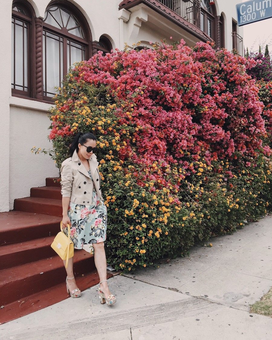 Floral Fit & Flare Dress Bag, Cropped Trench, CH Baret bag, Tabithasimmons Shoes, Via: HallieDaily