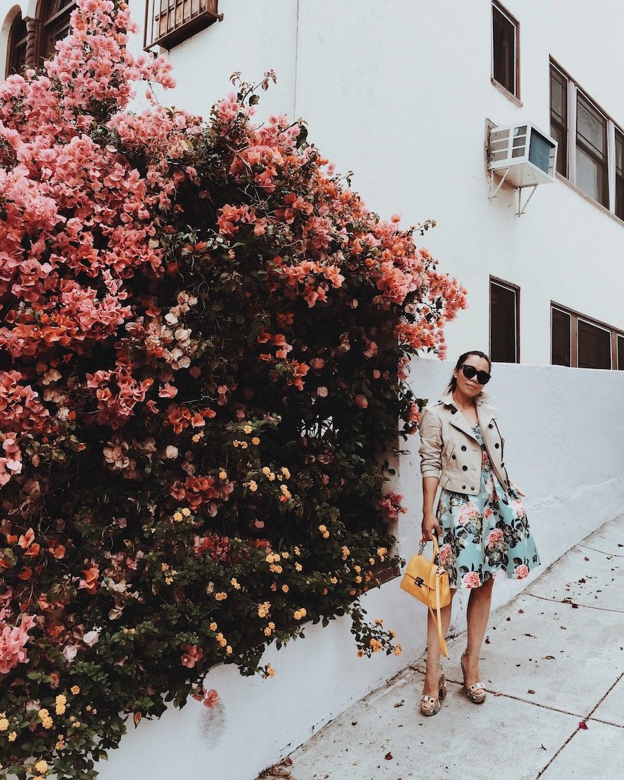 Floral Fit & Flare Dress Bag, Cropped Trench, CH Baret bag, Tabithasimmons Shoes, Via: HallieDaily