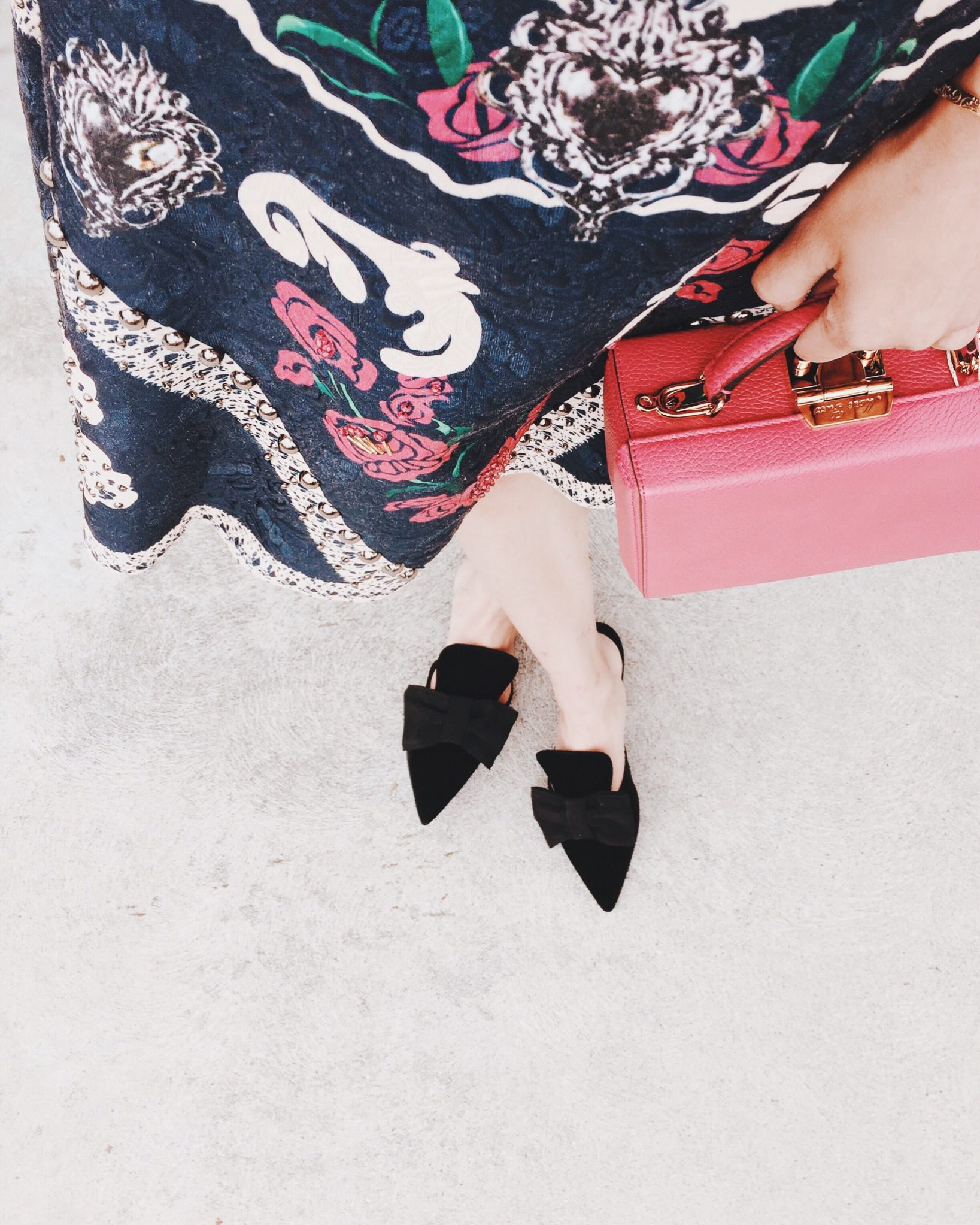 Floral, Jeweled, Fit & Flare Dress, Mark Cross Bag, Box Bag, Prada Bow Flats, Pointed Toe Flats, via: HallieDaily