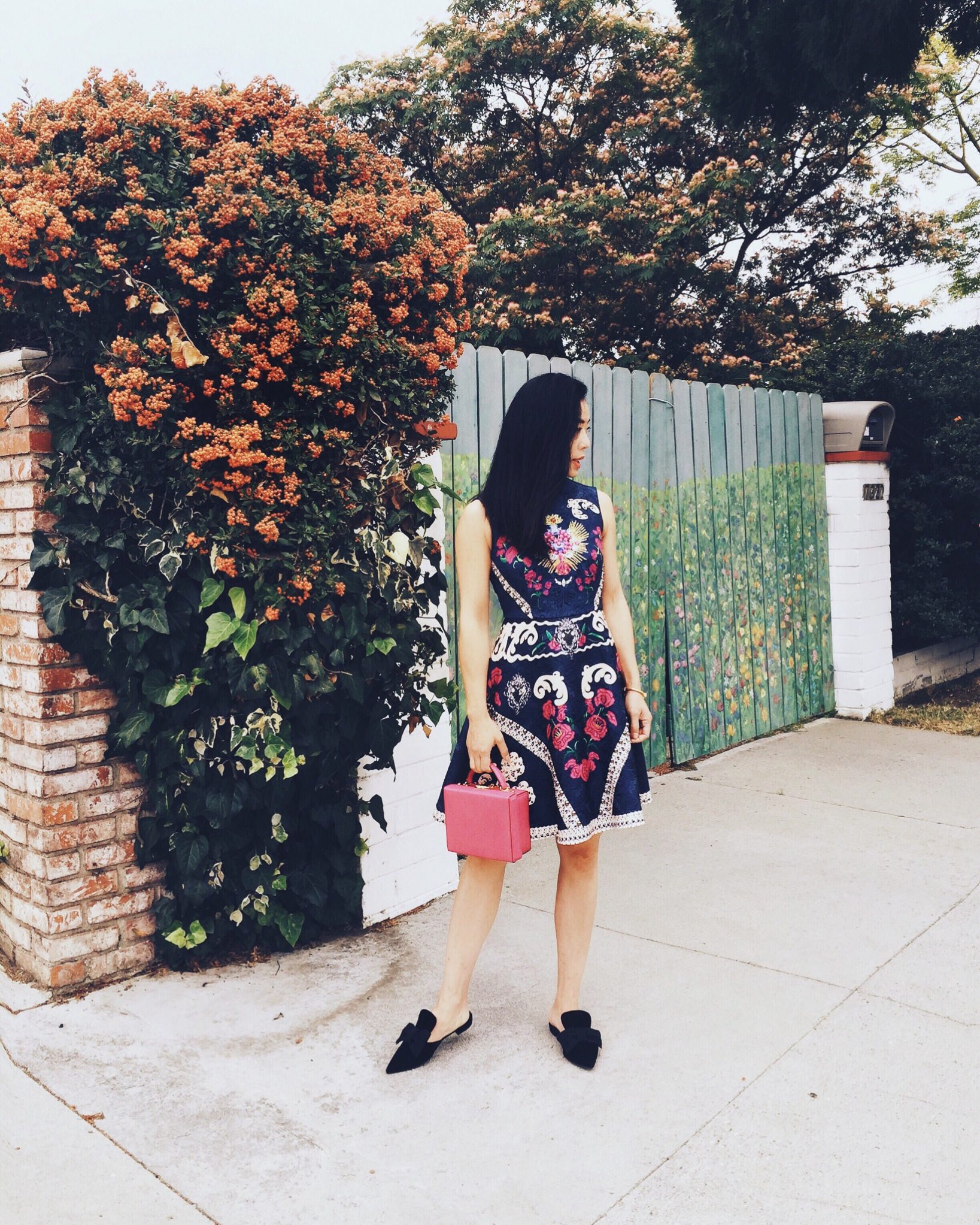 Floral, Jeweled, Fit & Flare Dress, Mark Cross Bag, Box Bag, Prada Bow Flats, Pointed Toe Flats, via: HallieDaily