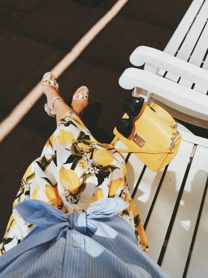 Summer Outfit, Dolce & Gabbana Fruit Midi Skirt, Carolina Herrera Baret Bag, Tabitha Simmons Floral Platform Sandals, Zara Off the Shoulder Shirt, Celine Sunglasses, via: HallieDaily