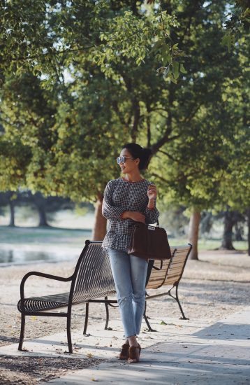 Lake Side, Gingham Top, Levi's Jeans, Mgemi Sandals, Fendi Bag, Messy Bun, via: HallieDaily