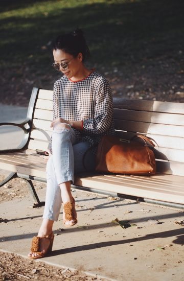 Lake Side, Gingham Top, Levi's Jeans, Mgemi Sandals, Fendi Bag, Messy Bun, via: HallieDaily