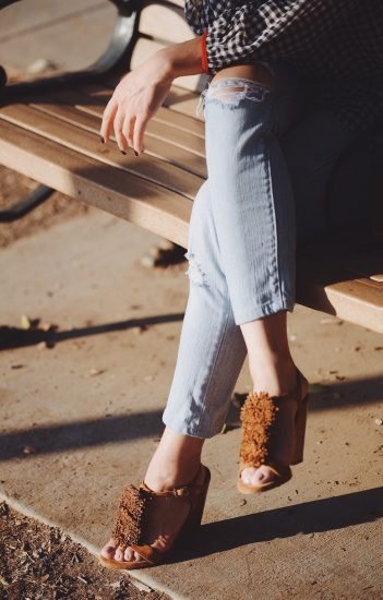 Lake Side, Gingham Top, Levi's Jeans, Mgemi Sandals, Fendi Bag, Messy Bun, via: HallieDaily