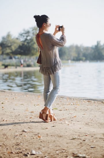 Lake Side, Gingham Top, Levi's Jeans, Mgemi Sandals, Fendi Bag, Messy Bun, via: HallieDaily