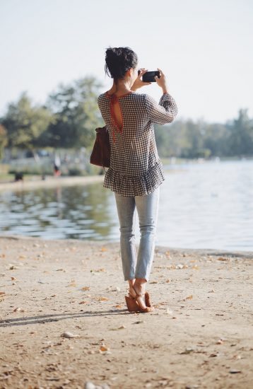 Lake Side, Gingham Top, Levi's Jeans, Mgemi Sandals, Fendi Bag, Messy Bun, via: HallieDaily