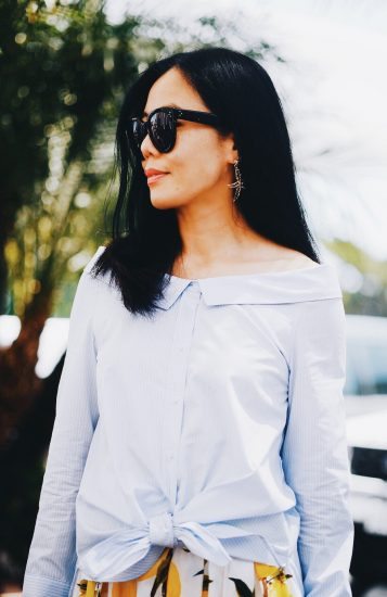 Summer Outfit, Dolce & Gabbana Fruit Midi Skirt, Carolina Herrera Baret Bag, Tabitha Simmons Floral Platform Sandals, Zara Off the Shoulder Shirt, Celine Sunglasses, via: HallieDaily