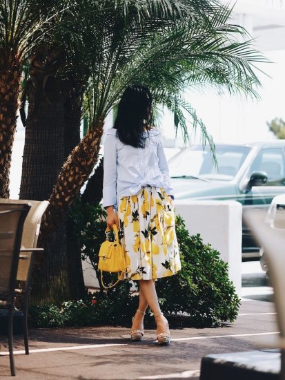 Summer Outfit, Dolce & Gabbana Fruit Midi Skirt, Carolina Herrera Baret Bag, Tabitha Simmons Floral Platform Sandals, Zara Off the Shoulder Shirt, Celine Sunglasses, via: HallieDaily