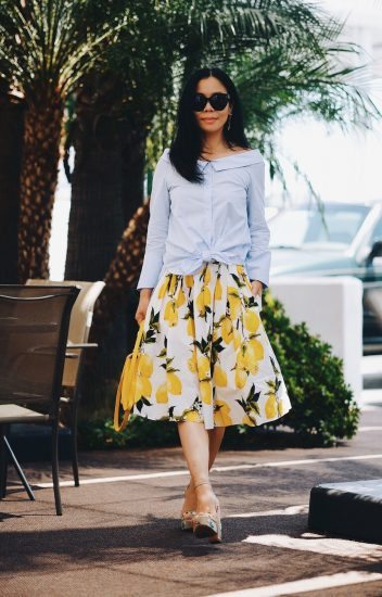 Summer Outfit, Dolce & Gabbana Fruit Midi Skirt, Carolina Herrera Baret Bag, Tabitha Simmons Floral Platform Sandals, Zara Off the Shoulder Shirt, Celine Sunglasses, via: HallieDaily