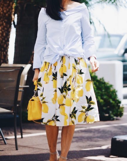 Summer Outfit, Dolce & Gabbana Fruit Midi Skirt, Carolina Herrera Baret Bag, Tabitha Simmons Floral Platform Sandals, Zara Off the Shoulder Shirt, Celine Sunglasses, via: HallieDaily