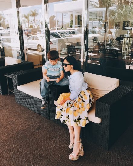 Summer Outfit, Dolce & Gabbana Fruit Midi Skirt, Carolina Herrera Baret Bag, Tabitha Simmons Floral Platform Sandals, Zara Off the Shoulder Shirt, Celine Sunglasses, via: HallieDaily