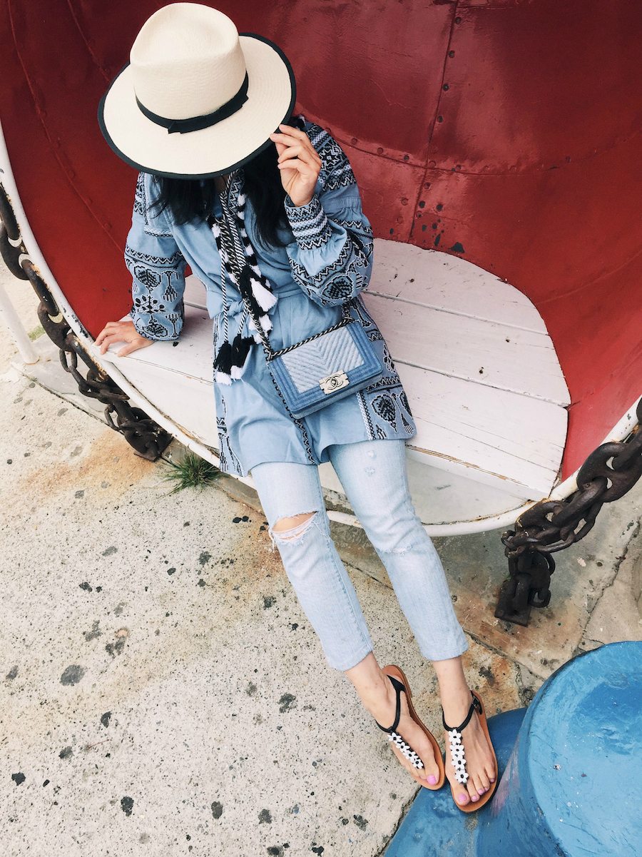 Family Beach Life, Embroidered Dress, M.Gemi Flower Sandals, Mirrored Sunglasses, Sun Hat, via: HallieDaily