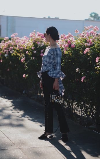 Weekend Style, Off the Shoulder Top, Gingham Print, Cropped Flare Jeans, Black and White, Via: HallieDaily