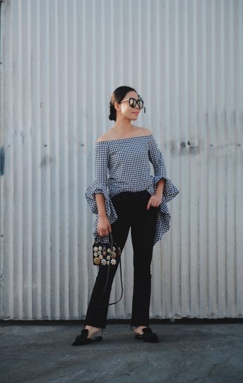 Weekend Style, Off the Shoulder Top, Gingham Print, Cropped Flare Jeans, Black and White, Via: HallieDaily