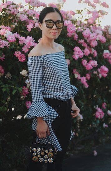 Weekend Style, Off the Shoulder Top, Gingham Print, Cropped Flare Jeans, Black and White, Via: HallieDaily