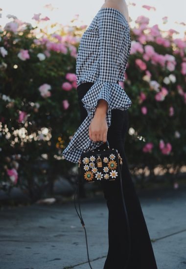 Weekend Style, Off the Shoulder Top, Gingham Print, Cropped Flare Jeans, Black and White, Via: HallieDaily