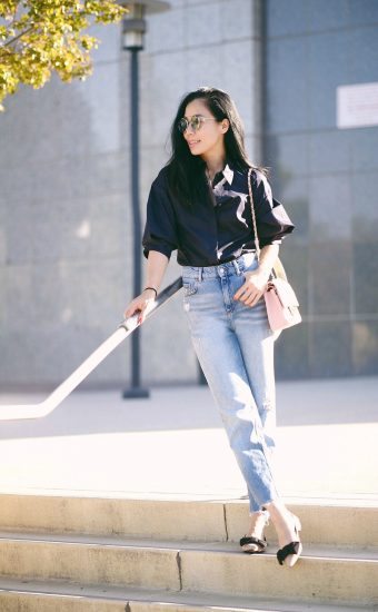 3.1 Phillip Lim Big Sleeve Shirt, Zara High Waist Jeans, Prada Bow Flats, Chanel Pink Classic Bag, Mirrored Sunglasses, via: HallieDaily