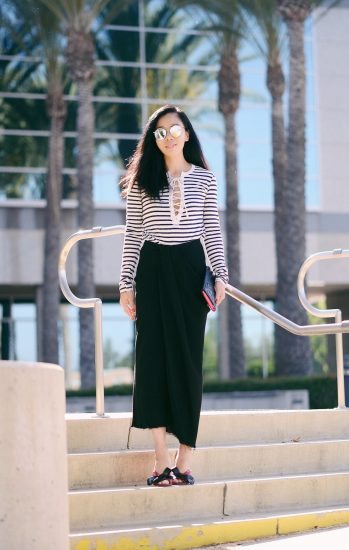 Lace Up Tee, Pencil Skirt, Miu Miu Bow Shoes, Mirrored Sunglasses, via: HallieDaily