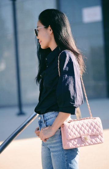 3.1 Phillip Lim Big Sleeve Shirt, Zara High Waist Jeans, Prada Bow Flats, Chanel Pink Classic Bag, Mirrored Sunglasses, via: HallieDaily