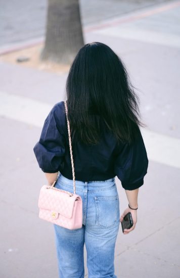 3.1 Phillip Lim Big Sleeve Shirt, Zara High Waist Jeans, Prada Bow Flats, Chanel Pink Classic Bag, Mirrored Sunglasses, via: HallieDaily