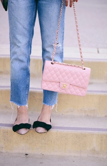 3.1 Phillip Lim Big Sleeve Shirt, Zara High Waist Jeans, Prada Bow Flats, Chanel Pink Classic Bag, Mirrored Sunglasses, via: HallieDaily