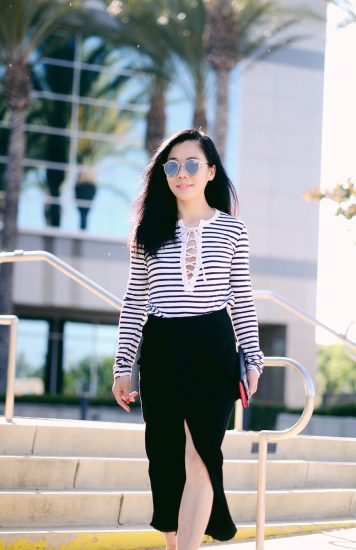 Lace Up Tee, Pencil Skirt, Miu Miu Bow Shoes, Mirrored Sunglasses, via: HallieDaily