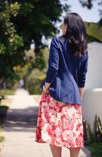 Work Wear: Floral Midi Dress, Navy Blazer, via: HallieDaily