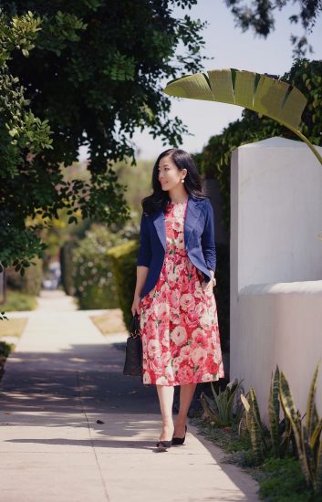 Work Wear: Floral Midi Dress, Navy Blazer, via: HallieDaily