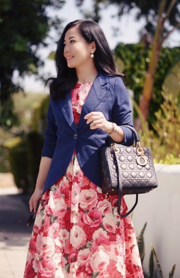 Work Wear: Floral Midi Dress, Navy Blazer, via: HallieDaily