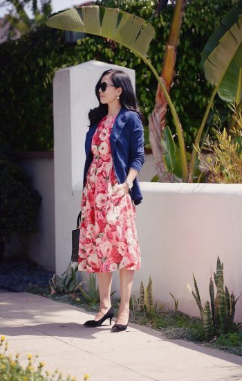 Work Wear: Floral Midi Dress, Navy Blazer, via: HallieDaily